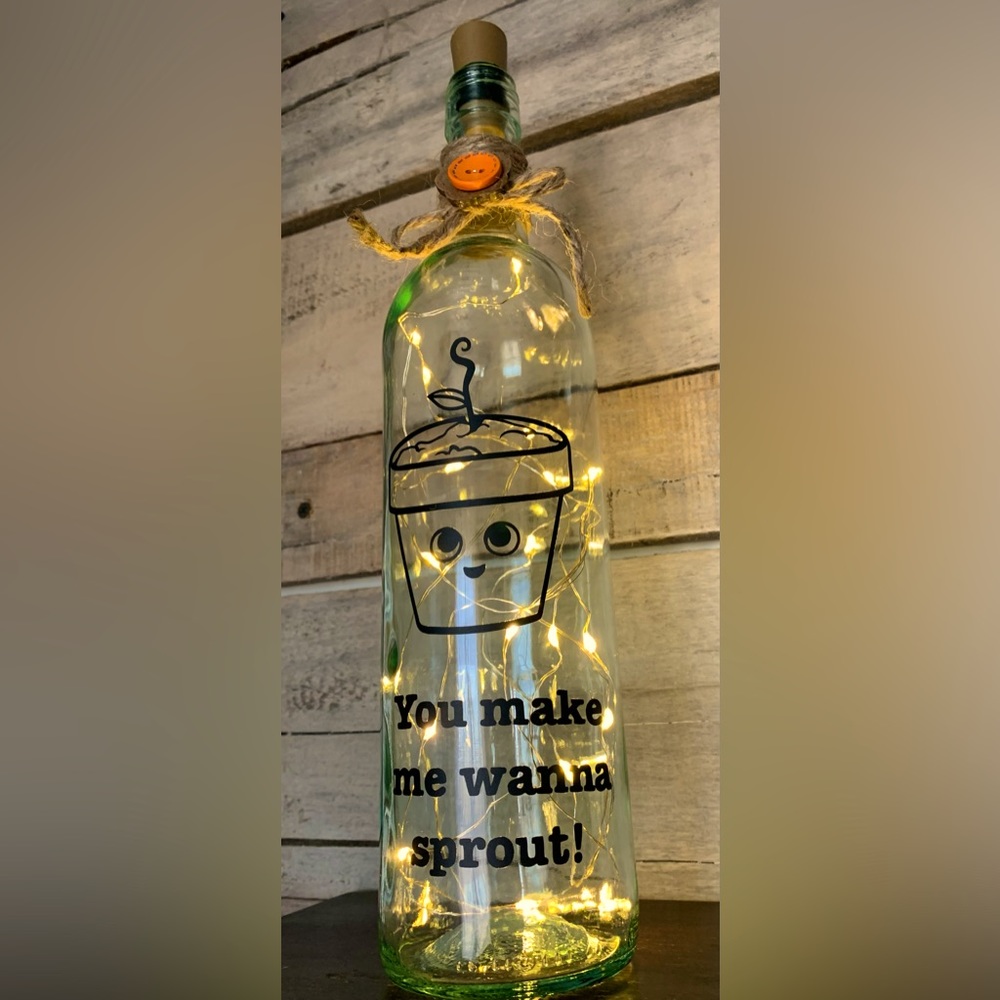 Hand Crafted- ‘You make me wanna sprout’ wine bottle lantern